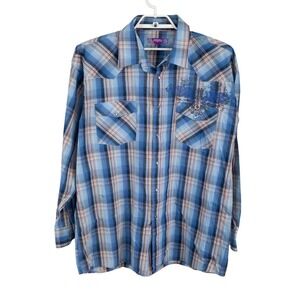 Empra Western Shirt Mens 3XL Blue Plaid Wing Graphic Snap Front Long Sleeve